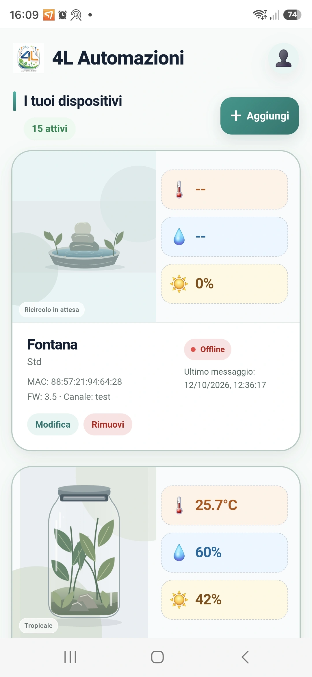 Schermata iniziale dell’app 4L Automazioni con i dispositivi gestiti
